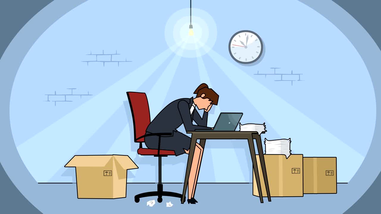 Flat cartoon businesswoman character sleeping in the workplace near laptop office basement animation