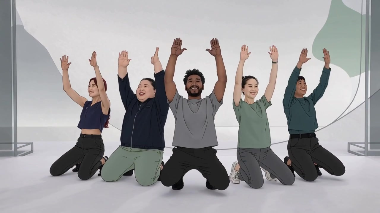 Starting five adults practicing squat-kneel in studio with green backdrop and floor in sportswear
