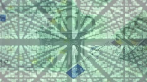 Animation-of-folders,-data-and-security-padlock-over-falling-euro-banknotes