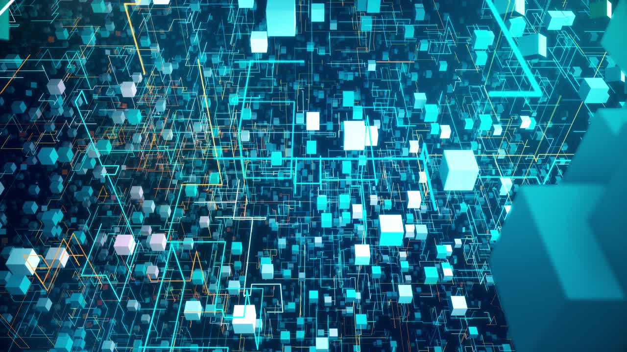 3D Blockchain Network: Glowing Lines in a Futuristic Blue Circuitry