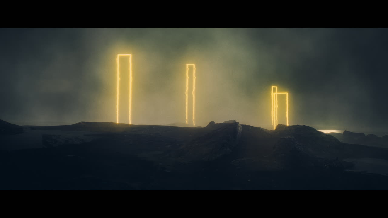 Rocky landscape with huge yellow light portal structures