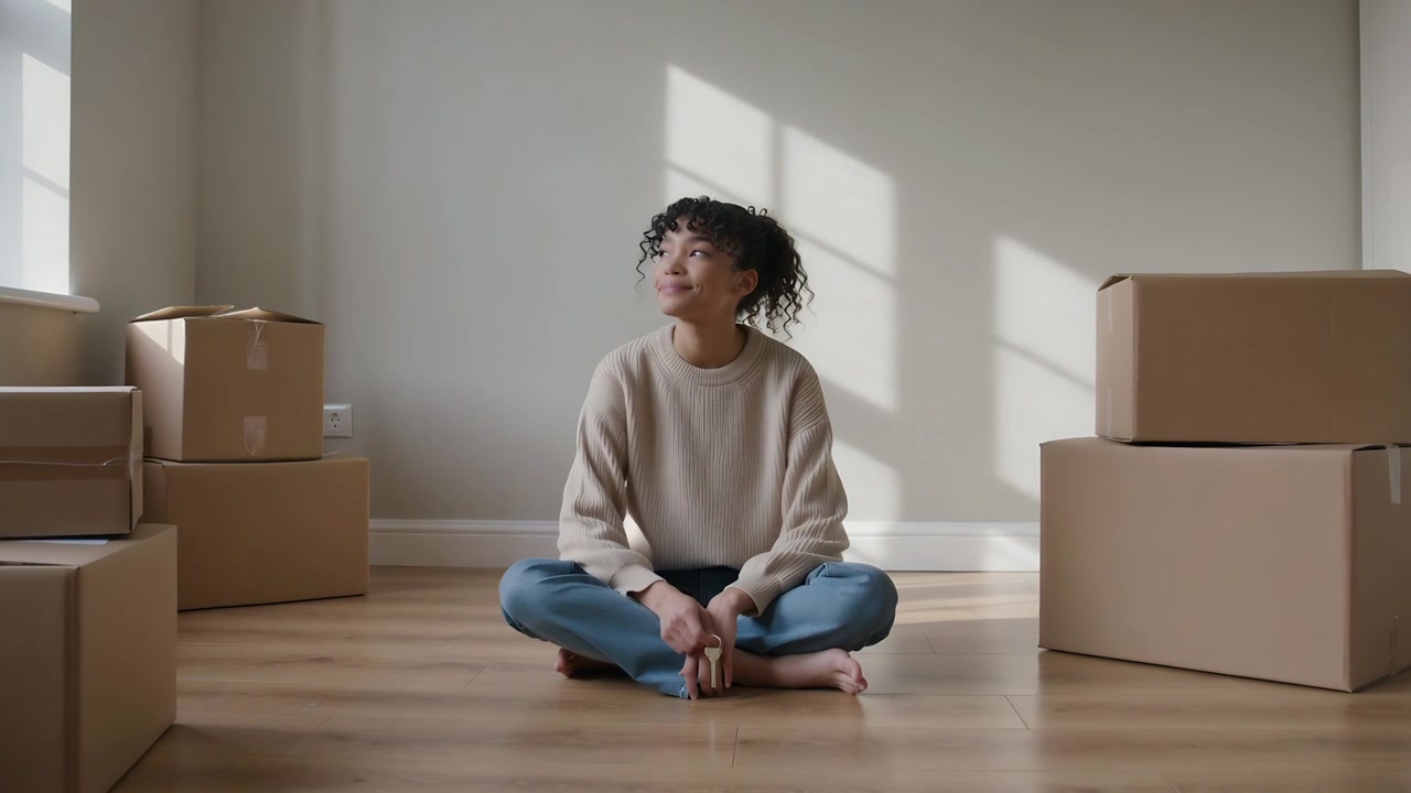 Sitting woman pausing during move at home, shifting gaze to window light and boxes, clasping hands