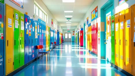 bright and colorful school hallway with empty lockers