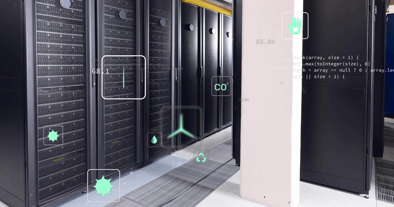 Animation of eco icons and data processing over computer servers