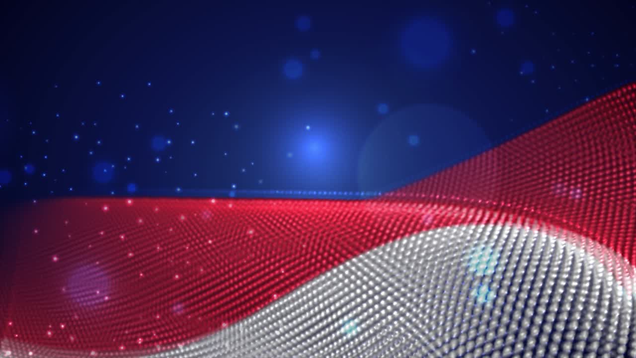 Monaco waving flag on blue background with bright flares, motion loop