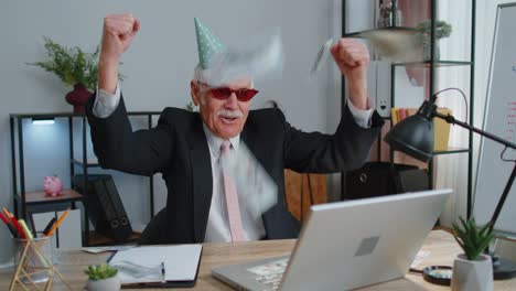 senior rich businessman dancing celebrate win enjoying wealth lots of money dollar cash rain falling