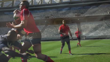 on field, rugby players tackling with stadium backdrop, creating intense animation