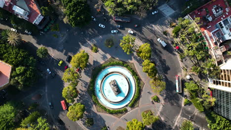 Mexico-City-Aerial-Drone-at-Magic-Hour,-Traffic-Circle,-Birds-Eye-Counterclockwise-Rotation