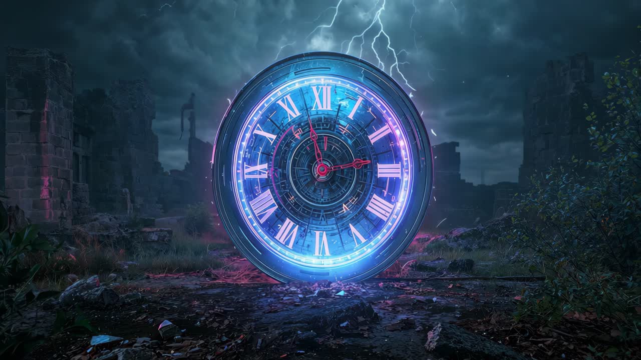 Clock in Ruins During a Storm