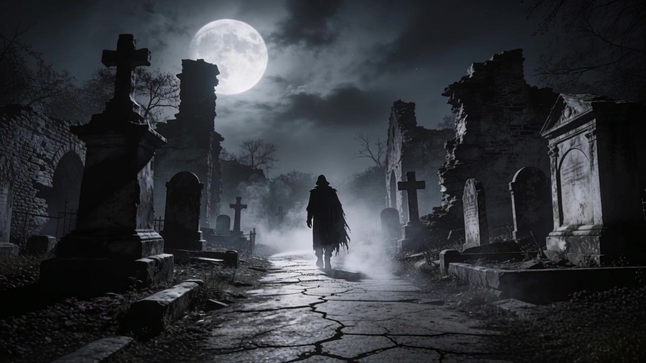 Un viandante incappucciato cammina seguendo il chiaro di luna lungo un sentiero in un cimitero gotico, dirigendosi verso i mausolei.