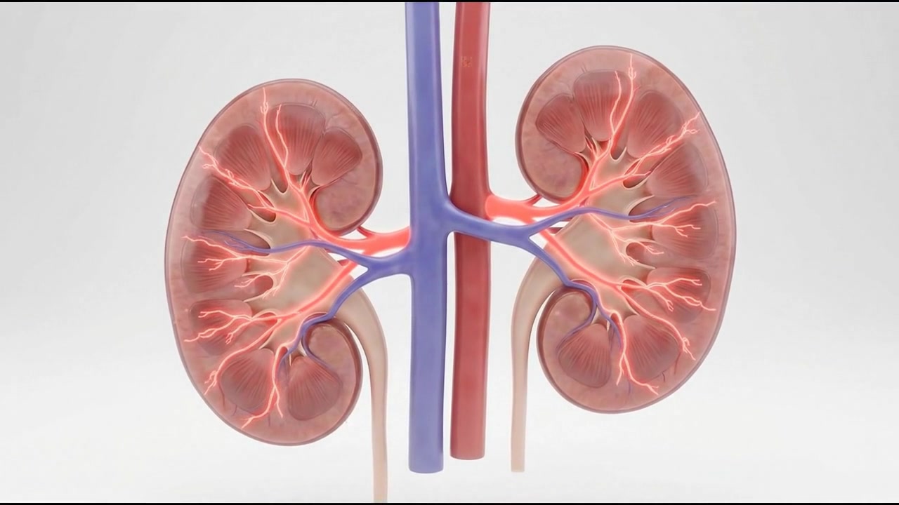 Realistic kidneys connected to major arteries and veins on white background
