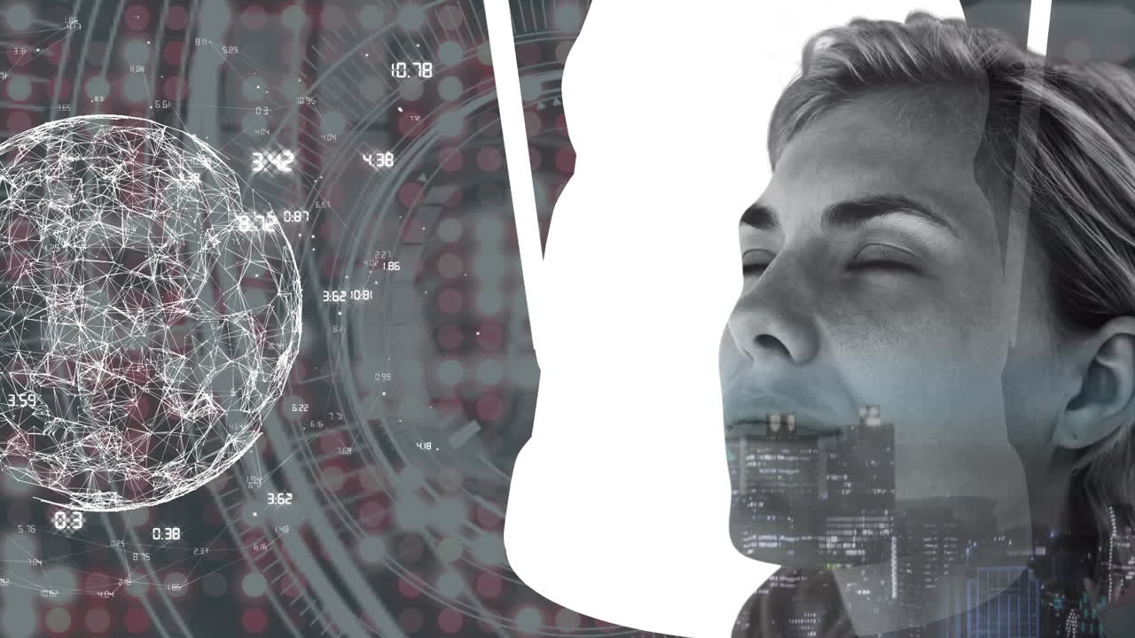 animación de globos con red de conexiones y paisaje urbano sobre rostro de mujer