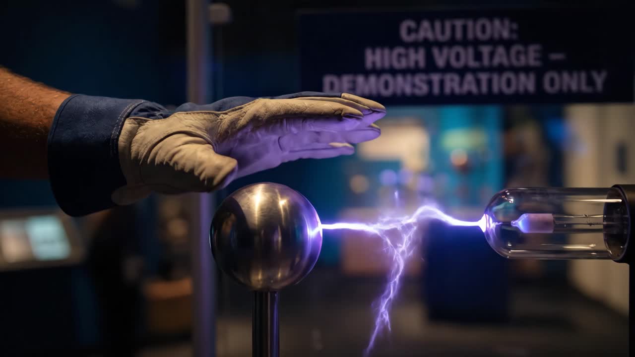 High Voltage Electricity Demonstration with Gloved Hand and Sparks