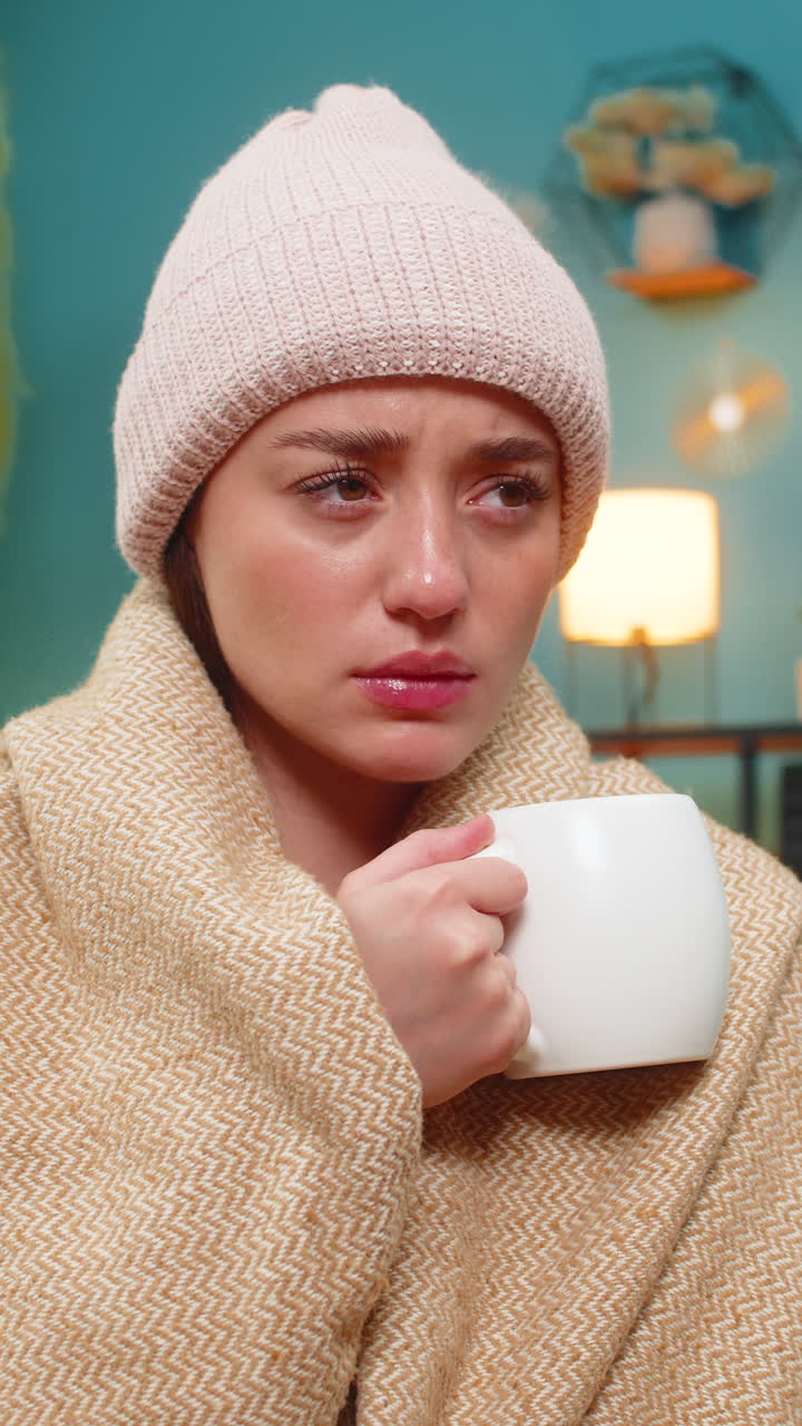 Young woman under blanket on sofa wearing wool hat drinking hot tea fighting bad cold with patience