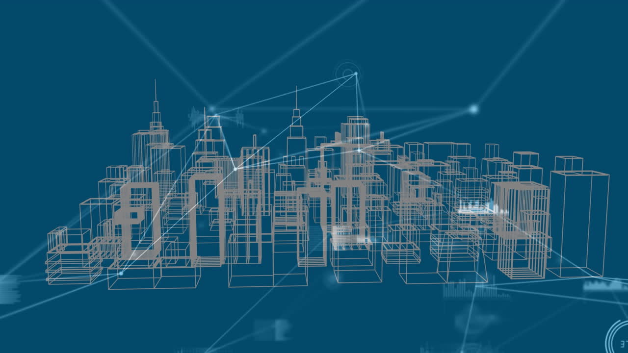 Animation of network of connections over digital city on blue background