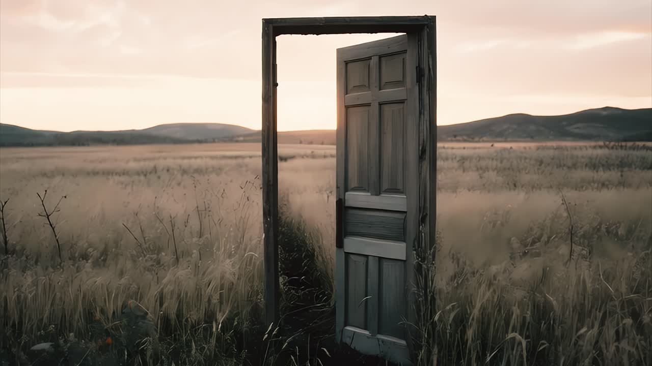 Mysterious doorway opens to majestic wheat field at sunset