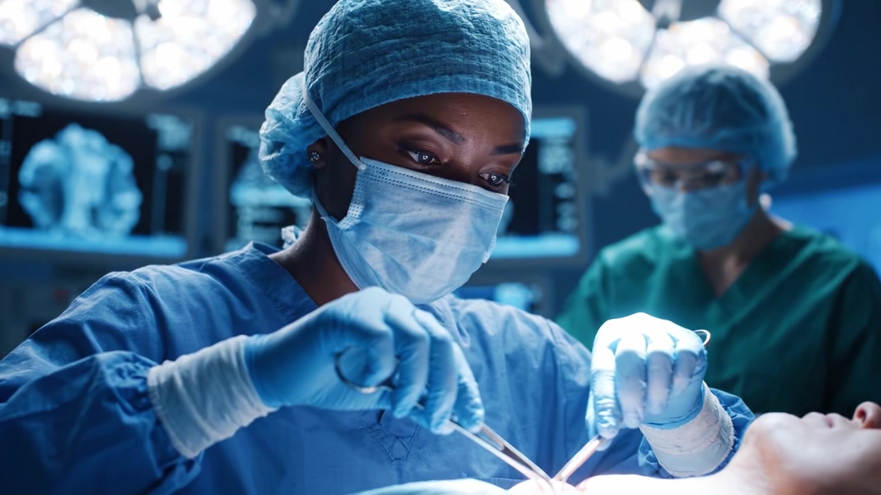 Chirurgo concentrato che esegue un'operazione con precisione in un ambiente chirurgico moderno, mettendo in mostra l'esperienza medica e le procedure avanzate sotto le intense luci della sala operatoria