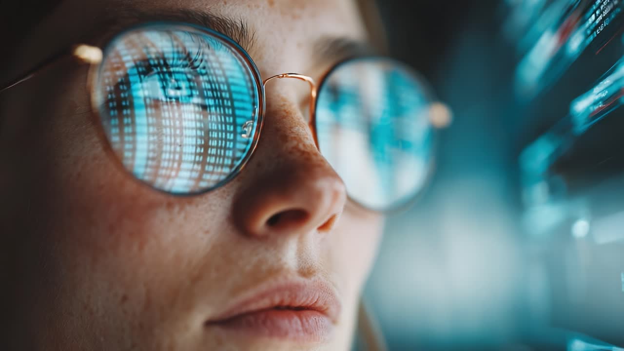 A focused individual deeply engaged in data analysis, showcasing the impact of technology as reflected in stylish glasses, capturing the essence of modern computing and innovation