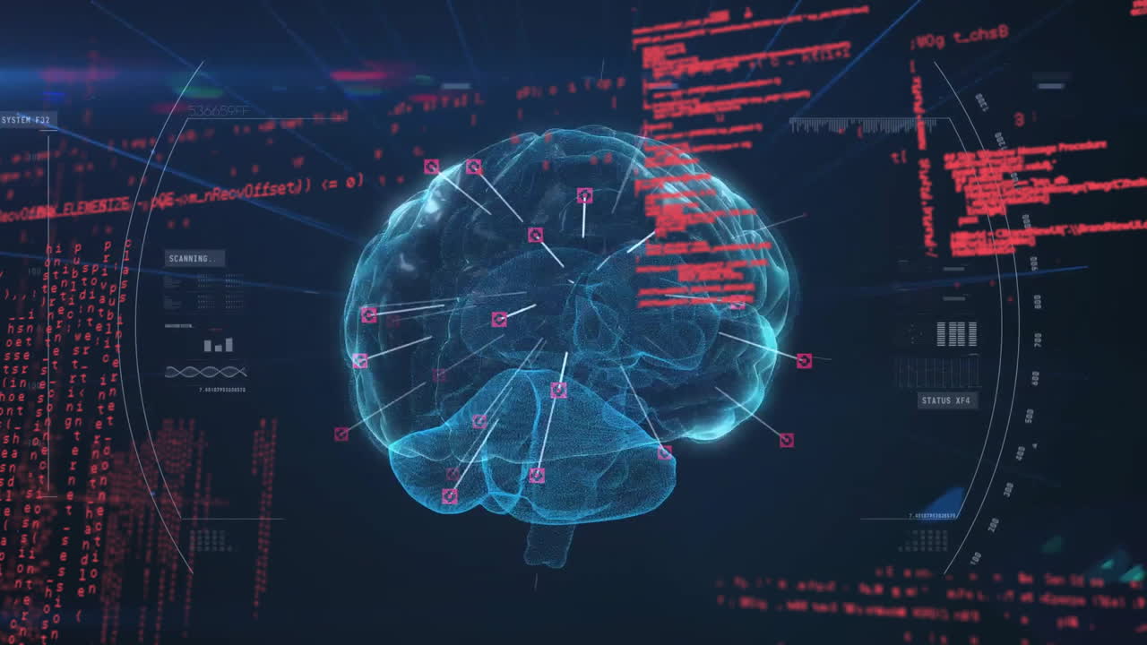 어두운 배경 위에서 인간의 뇌와 데이터 처리의 애니메이션