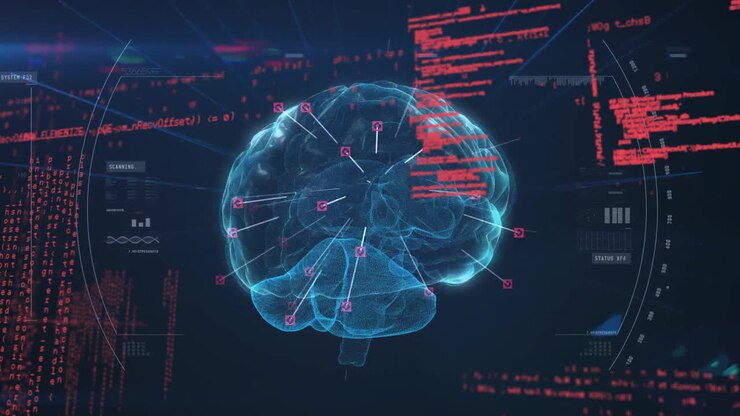 Animation of human brain and data processing over dark background