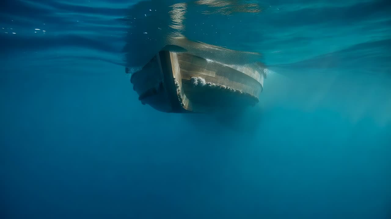 Wachsender Schatten enthüllt Wal, der unter hölzernem Heck mit Seepocken schwimmt, Sonnenlicht, das den Bauch zeigt