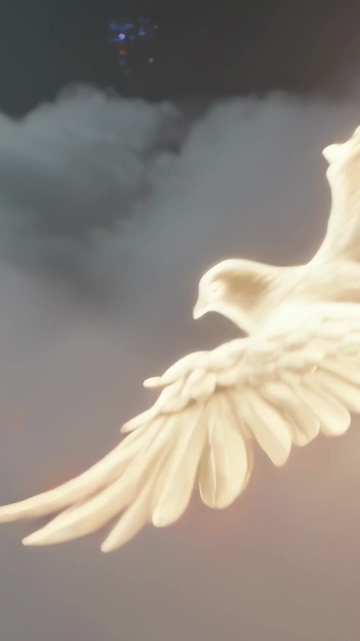 Vertical video: Gliding glowing bird showing flaming wing tips over night sky, camera closing in