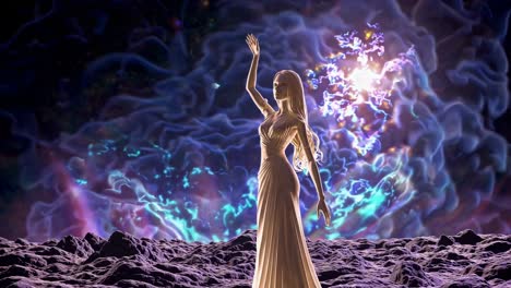 sophisticated woman wearing flowing gown posing on rugged ground, hand raised against dramatic celestial background with glowing nebulae and cosmic swirls