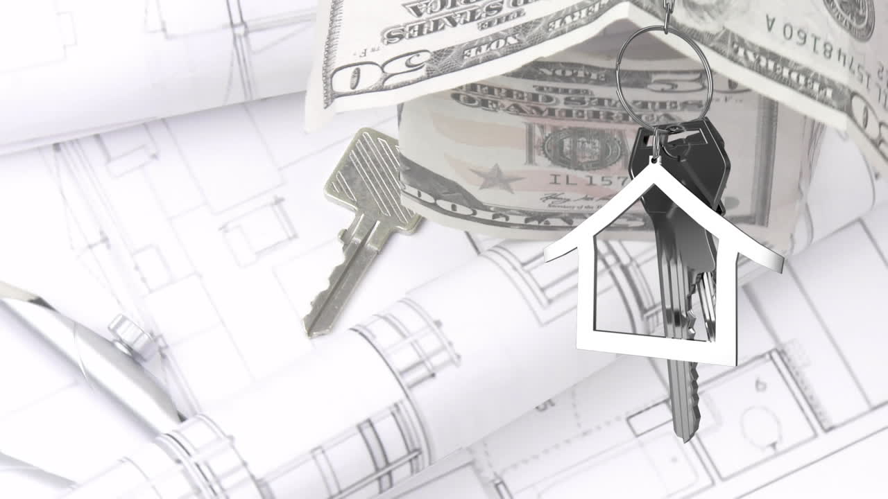 Animazione di chiavi di casa appese su disegni architettonici rotanti, banconote di dollari e chiave di casa.