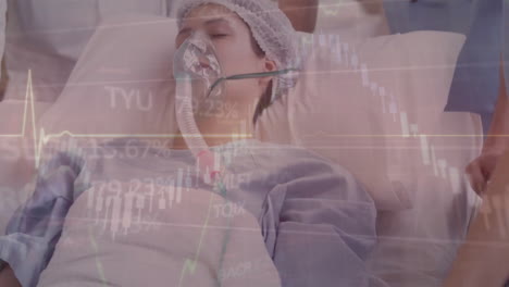 animation of data processing over caucasian female patient in oxygen mask