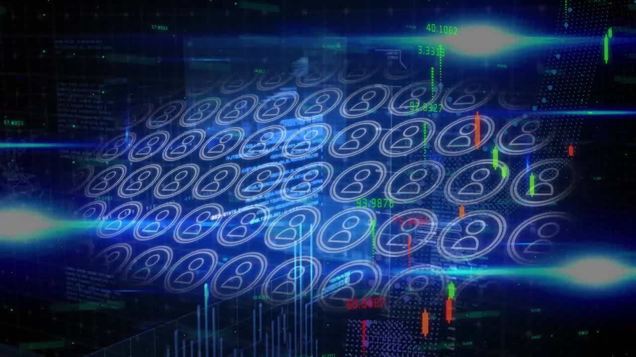 Animation of graphs and lens flares over looping profile icons against abstract background