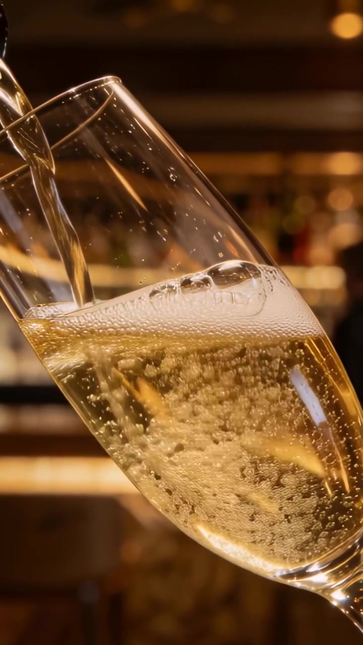 Video verticale: Versando da una bottiglia in un calice a stelo in un bar, creando bollicine che salgono, pronto per essere servito