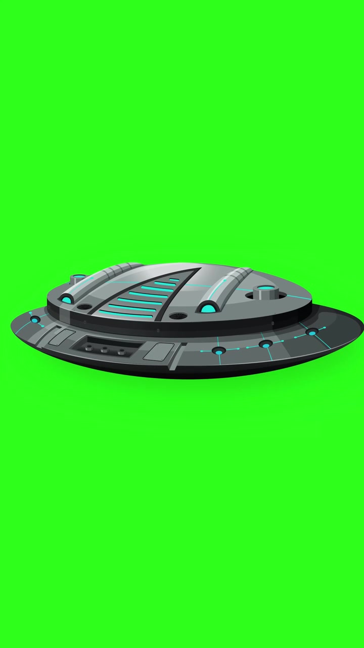 Animated metallic UFO spacecraft hovering with subtle tilting movements against a chroma key green background.