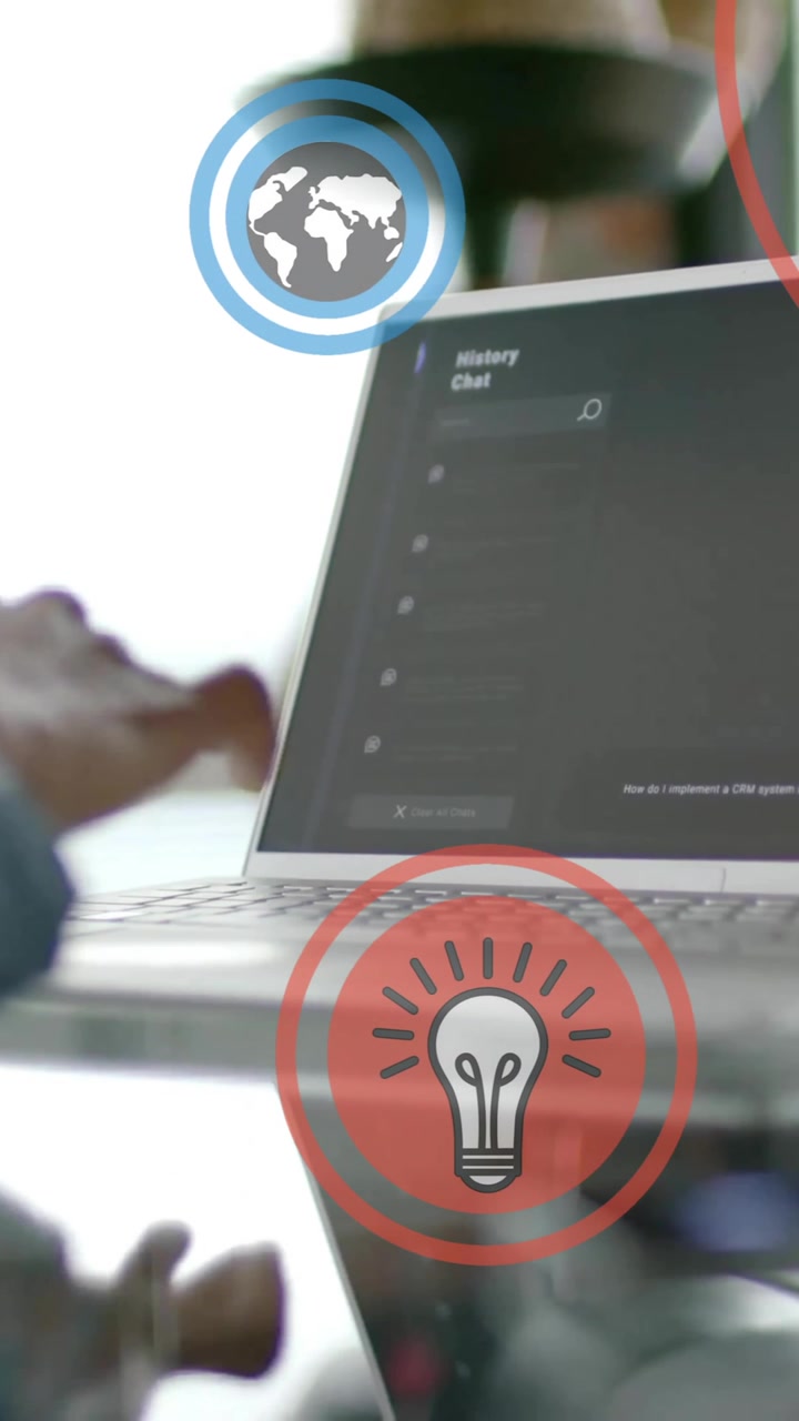 Animazione di elaborazione dati con icone digitali su uomo d'affari afroamericano in ufficio