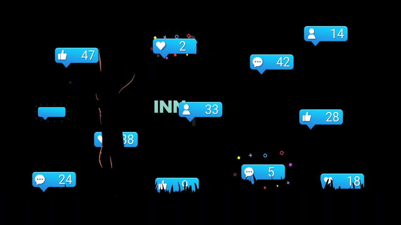 Brain-shaped word cloud glowing over black, with blue social media notification icons in flat style