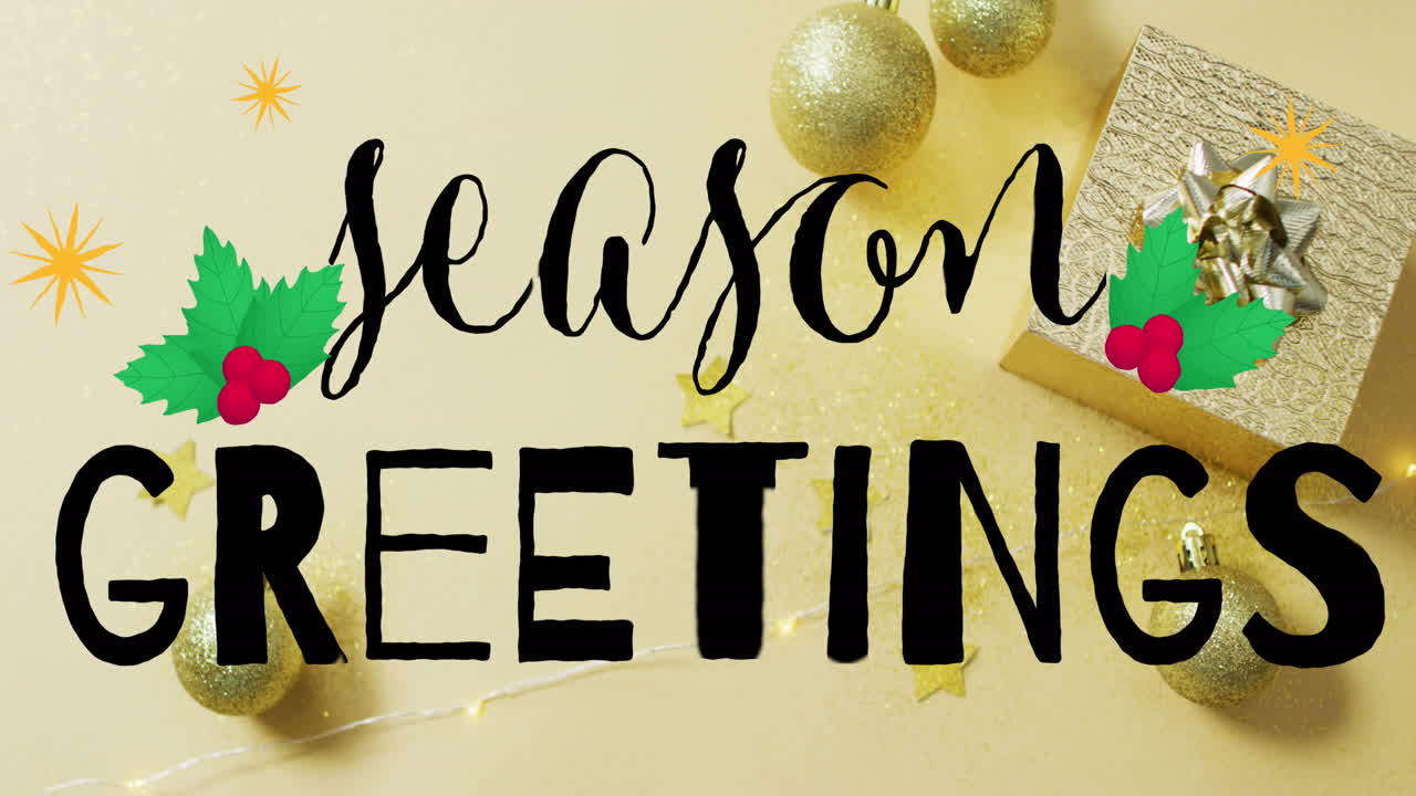 노란색 배경에 크리스마스 장식 위에 계절 축하 텍스트의 애니메이션