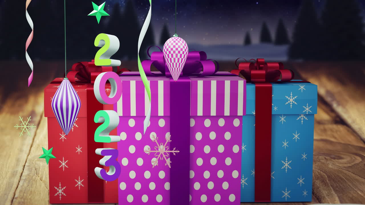animación del texto de 2023 y decoraciones navideñas en el fondo