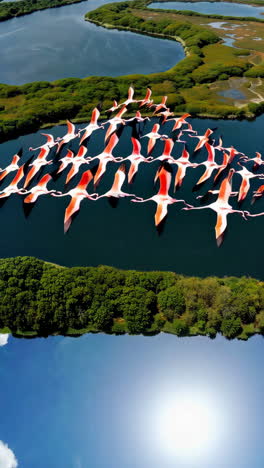 aerial view of a flock of flamingos flying over wetlands with sky reflection