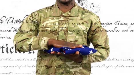 animation of document with text over soldier holding american flag