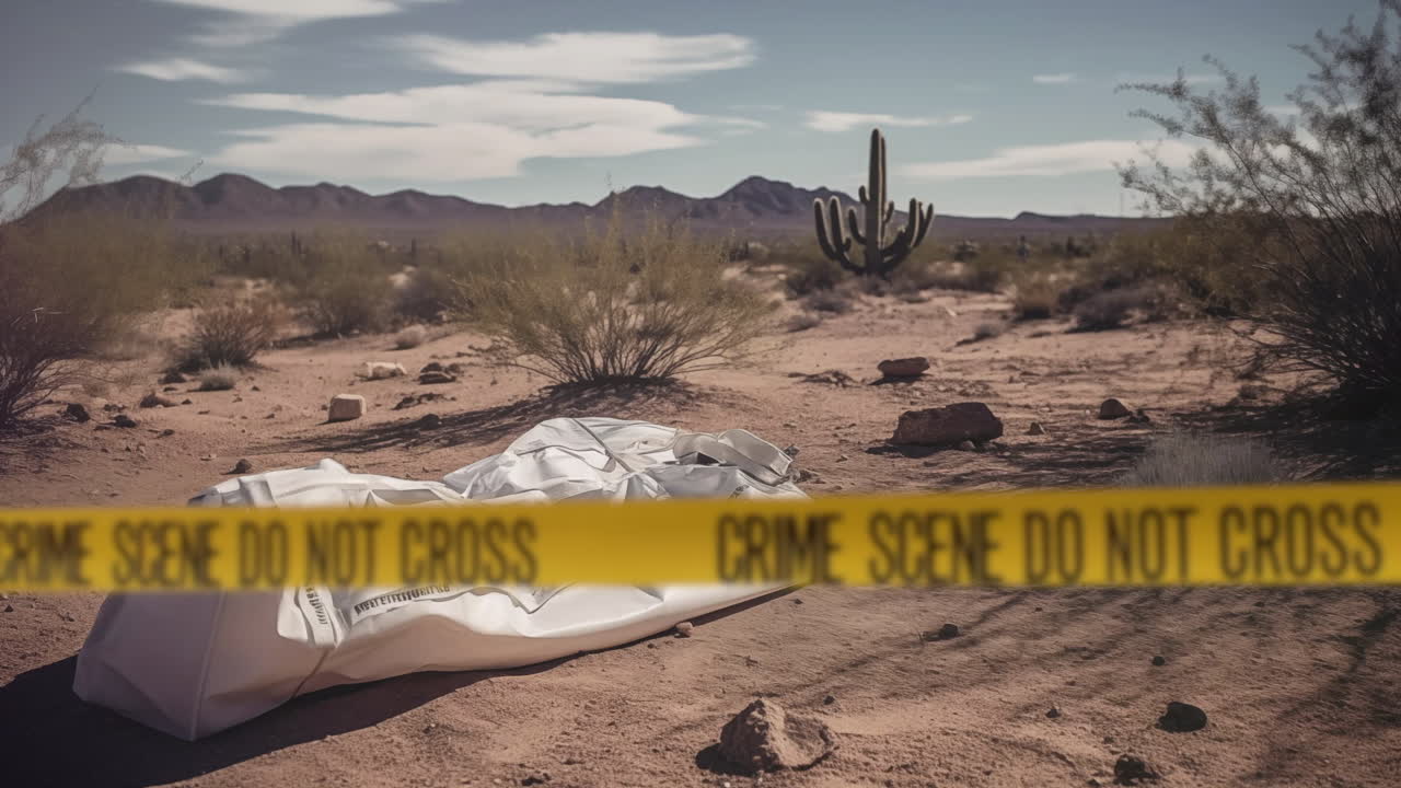 Scena del crimine con un sacco per cadavere nel deserto dell'Arizona.