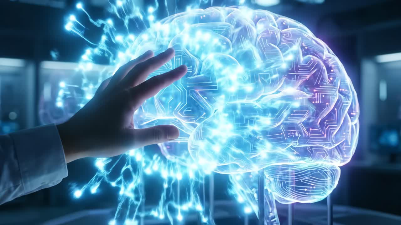 Human Hand Interacting with Glowing Digital Brain Model