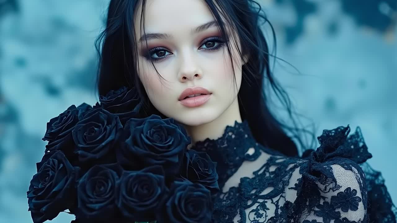 A woman in a black dress holding a bunch of black roses