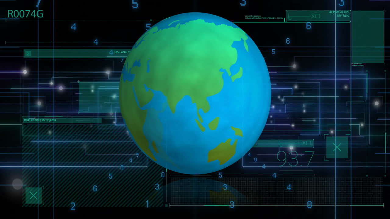 Rotating globe with digital data and numbers animation in background