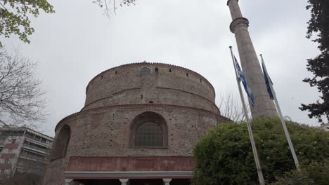 Tilt up,the entrance of Rotunda,4th century domed amazing circular building in Thessaloniki,Greece. No people.