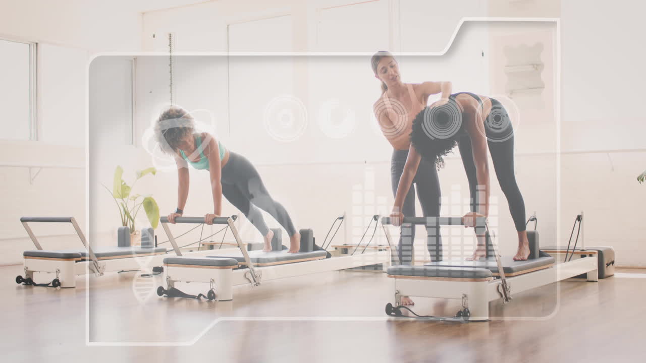 animación de datos de fitness sobre mujeres que hacen ejercicio en pilates reformadores en un estudio brillante