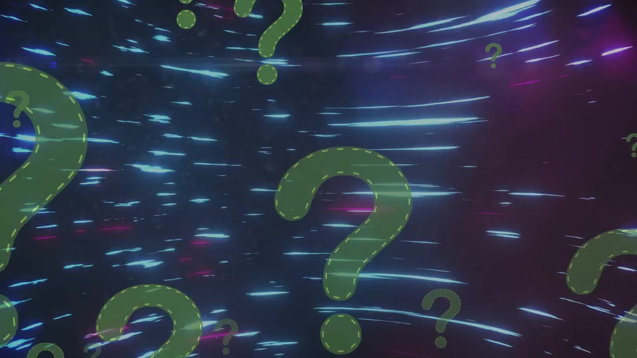 Green question marks appearing, drifting through cyan tunnel, growing and settling, creating depth