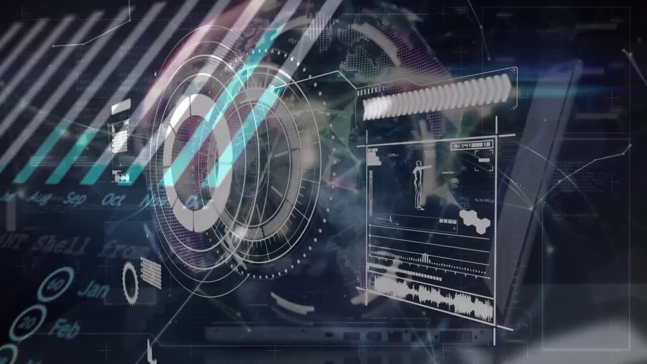 Animation of data processing and scope scanning over hands typing on laptop on black background