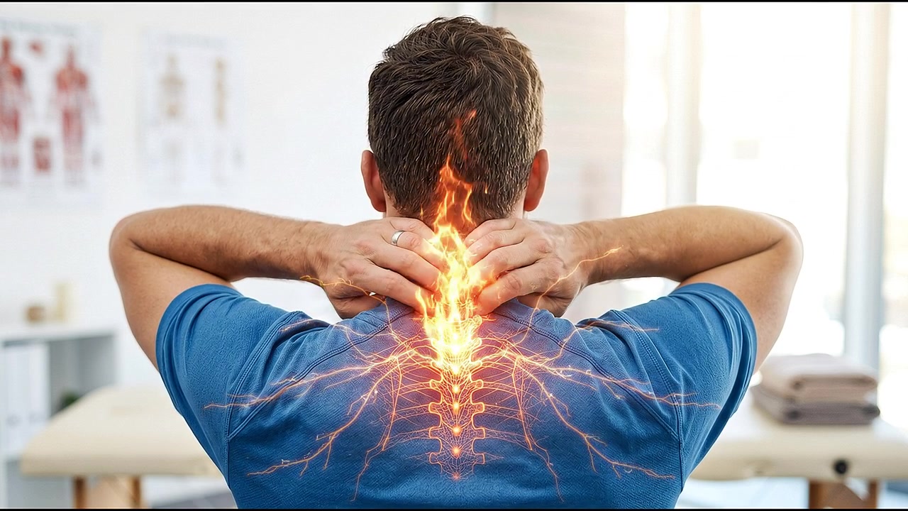 Hombre sujetándose el cuello dolorido con un efecto de inflamación resaltado que ilustra dolor cervical severo y malestar.