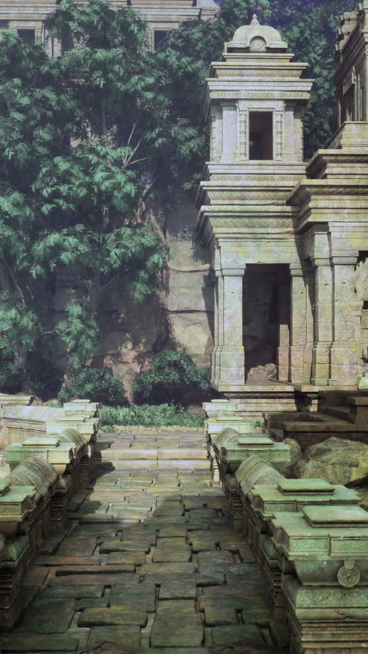 Ancient temple ruins surrounded by lush greenery in a serene landscape