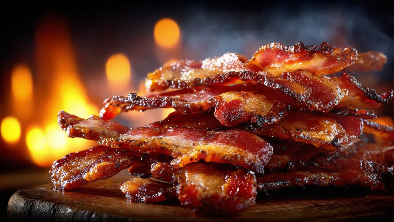 Deliciously Crispy Bacon Stacked High Against a Warm Smoky Background, Capturing the Essence of Flavor and Indulgence in Every Layer