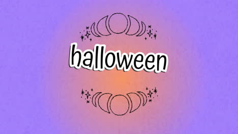 halloween text animation over crescent moons and stars on purple background